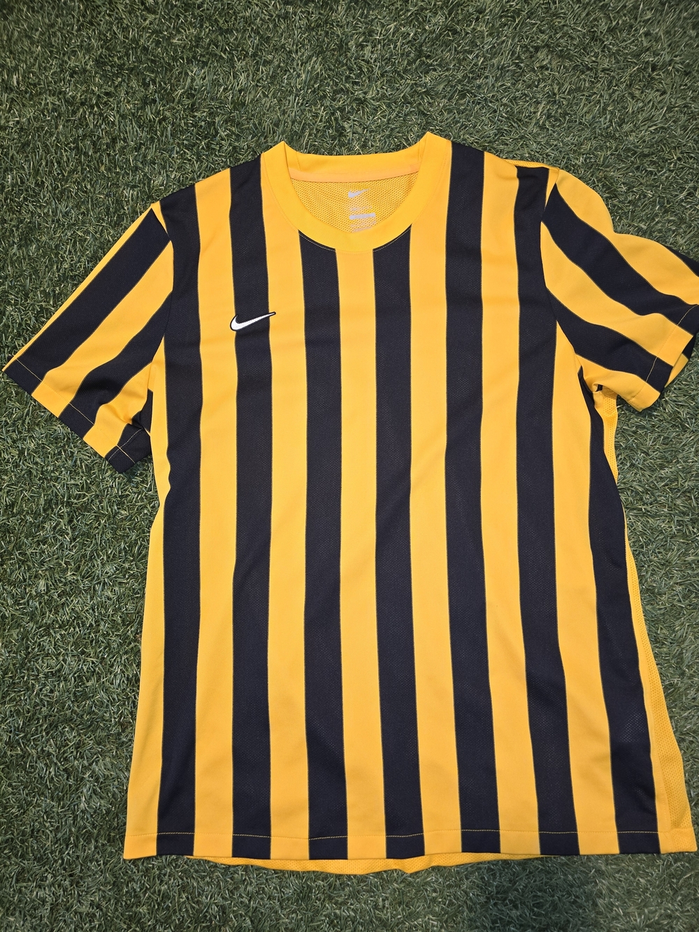Nike Yellow and Black Vertical Stripe Soccer Jersey